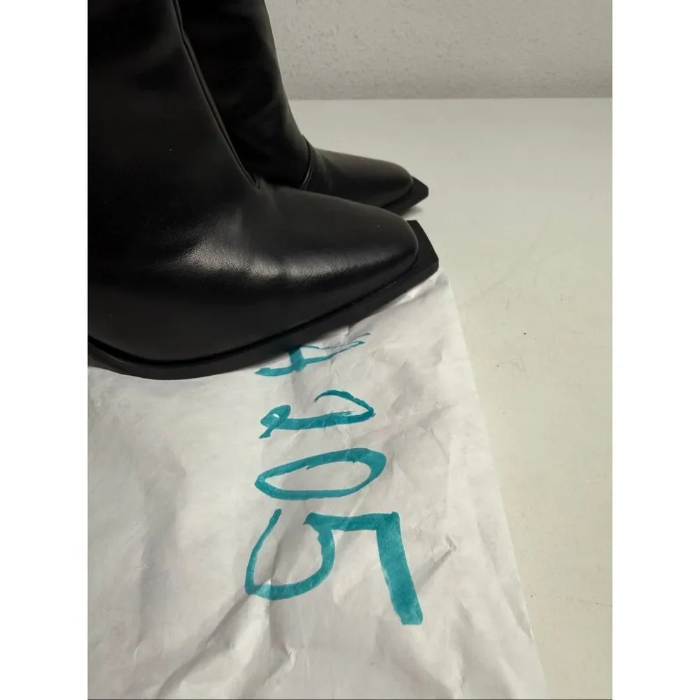 Black Faux Leather Knee High Boots Square Toe Block Heel Back Zip Sz 4